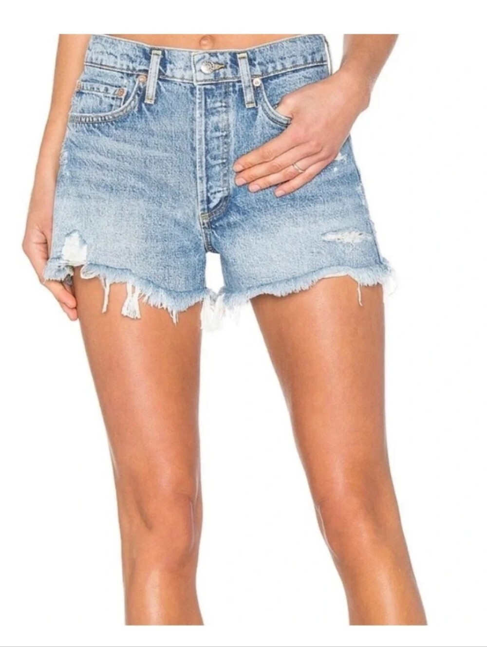 Agolde Light Blue Distressed High-Rise Jean Shorts